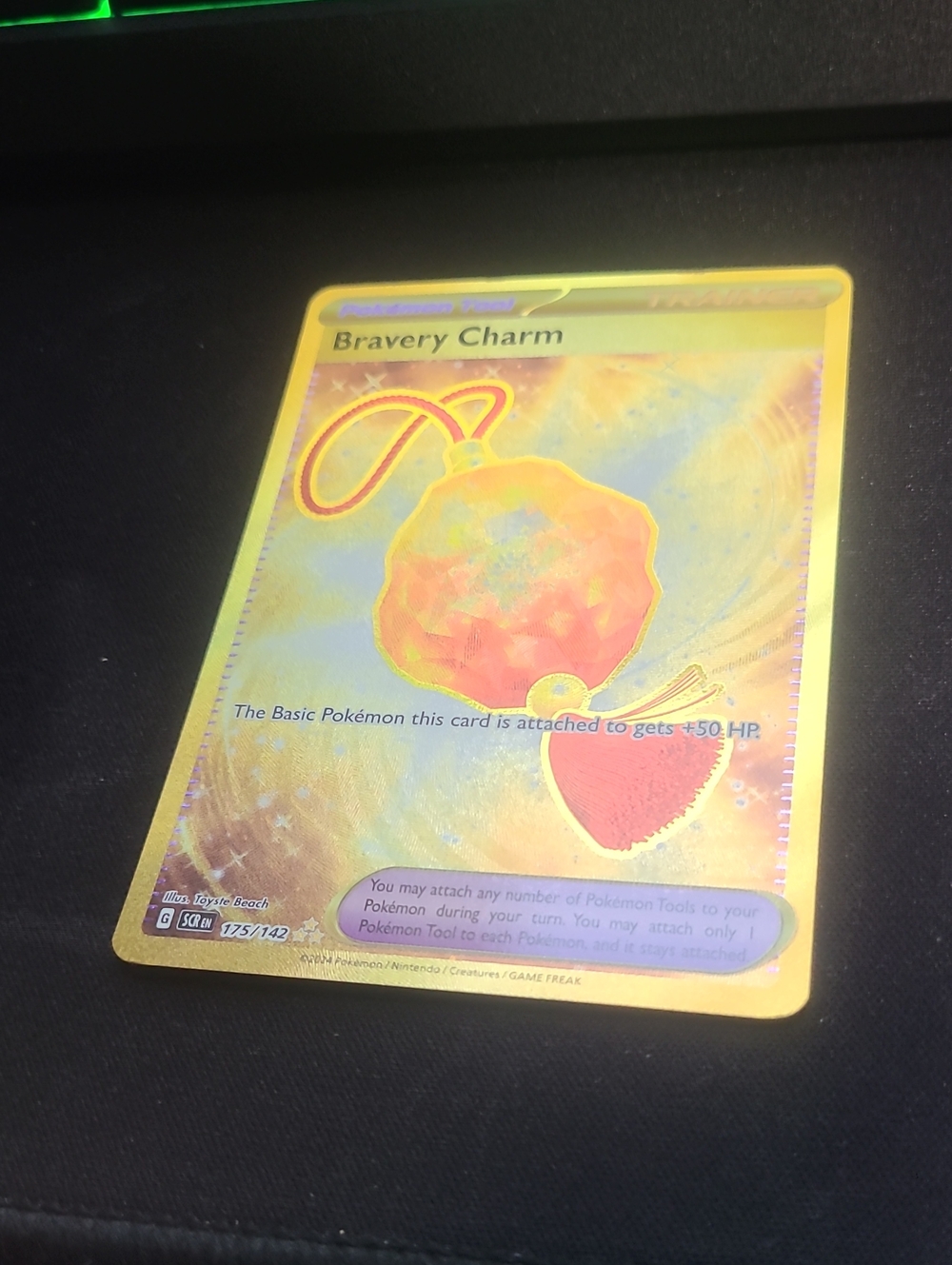 Pokemon Bravery Charm Holographic Yellow Gold Pink Trainer Tool Card